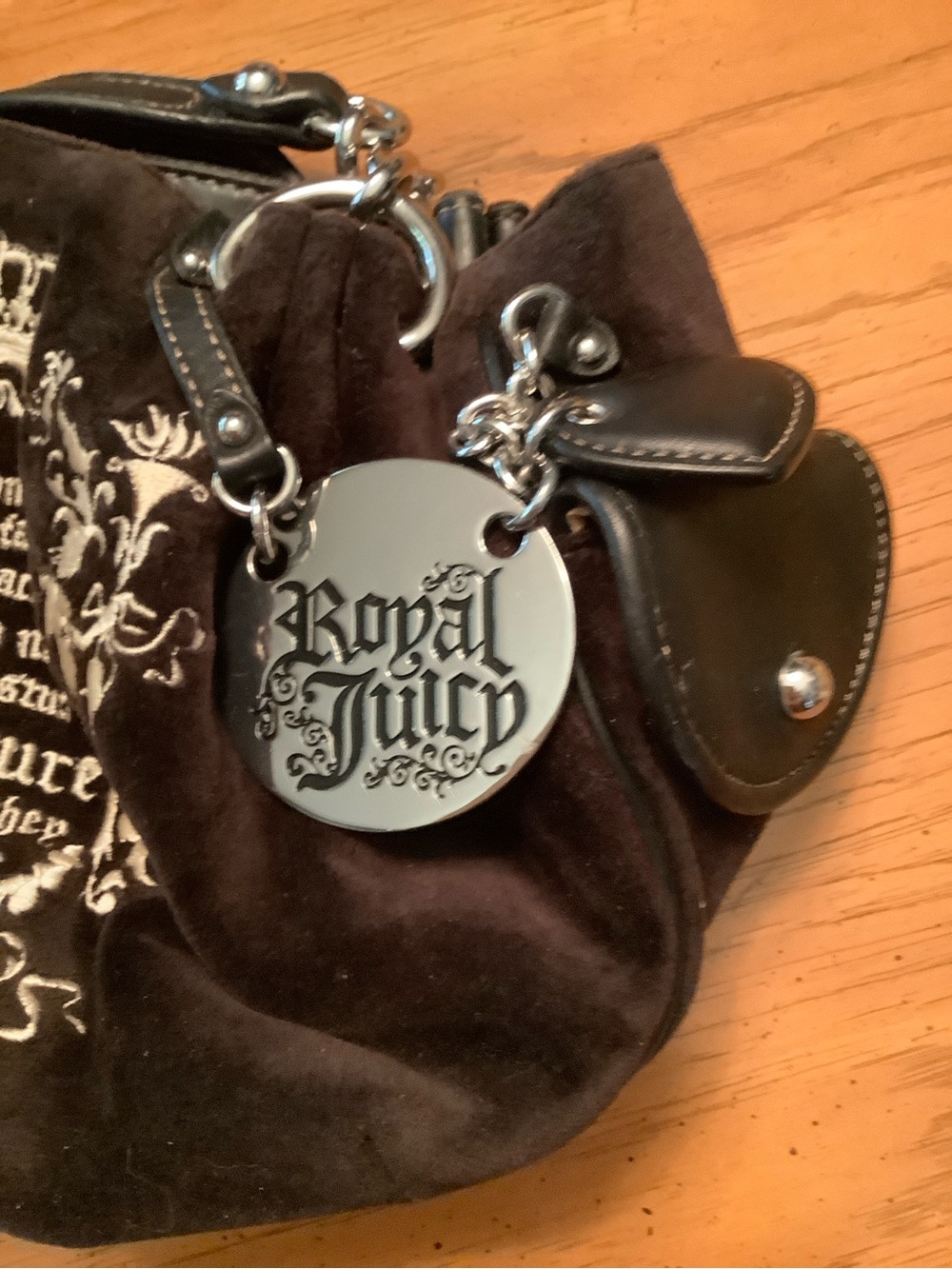 Royal Juicy Couture Black Leather and Thick Brown Velvet Bag with Silver Chain. - Picture 5 of 16